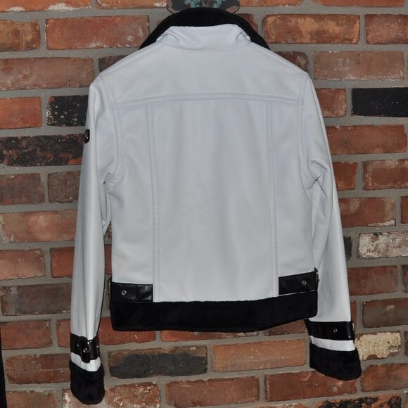 Sypder White Faux Leather Moto Bomber Jacket Black Fleece Trim 8 - Picture 8 of 16